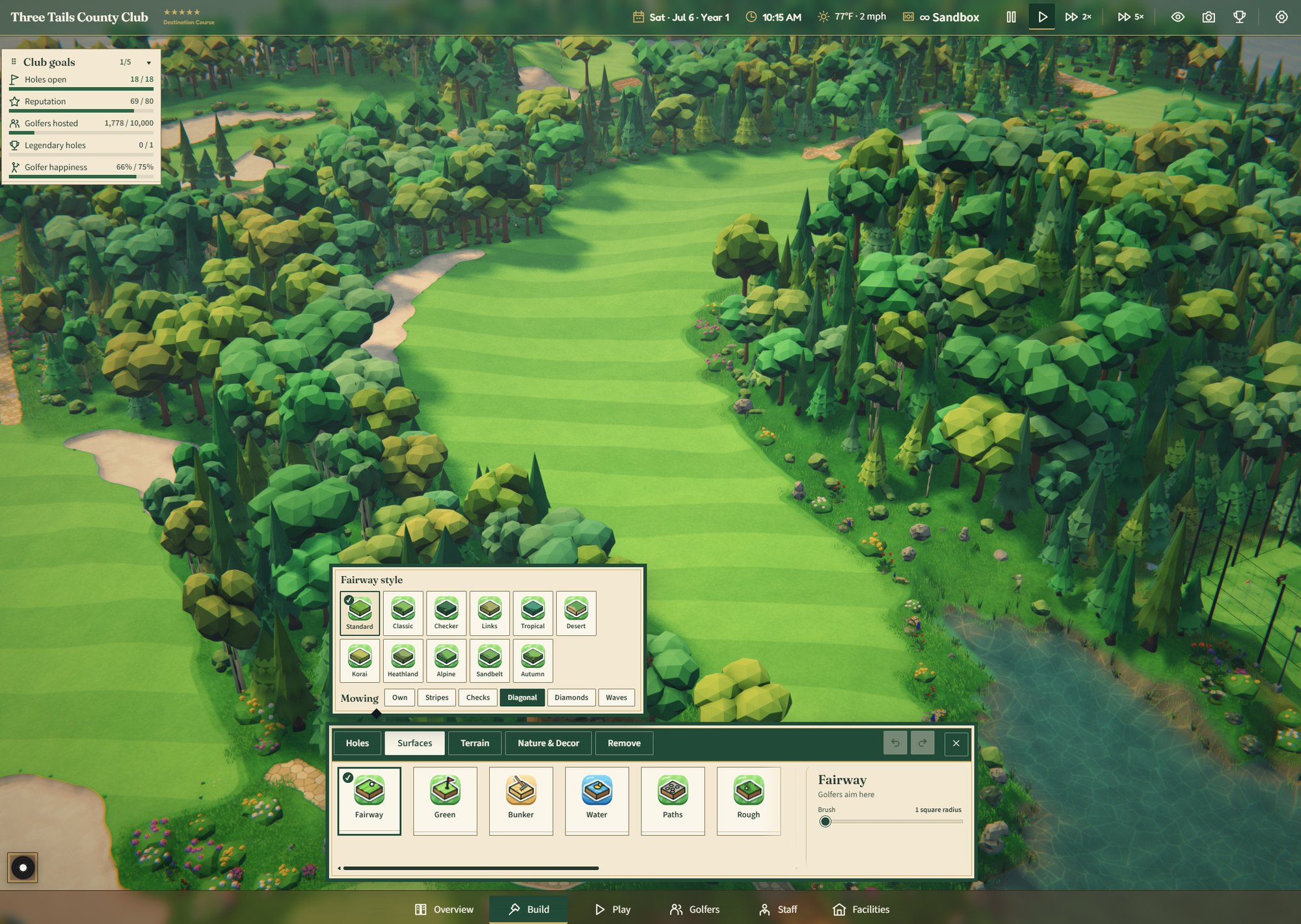 Choosing a fairway style and Diagonal mowing from the Surfaces tray