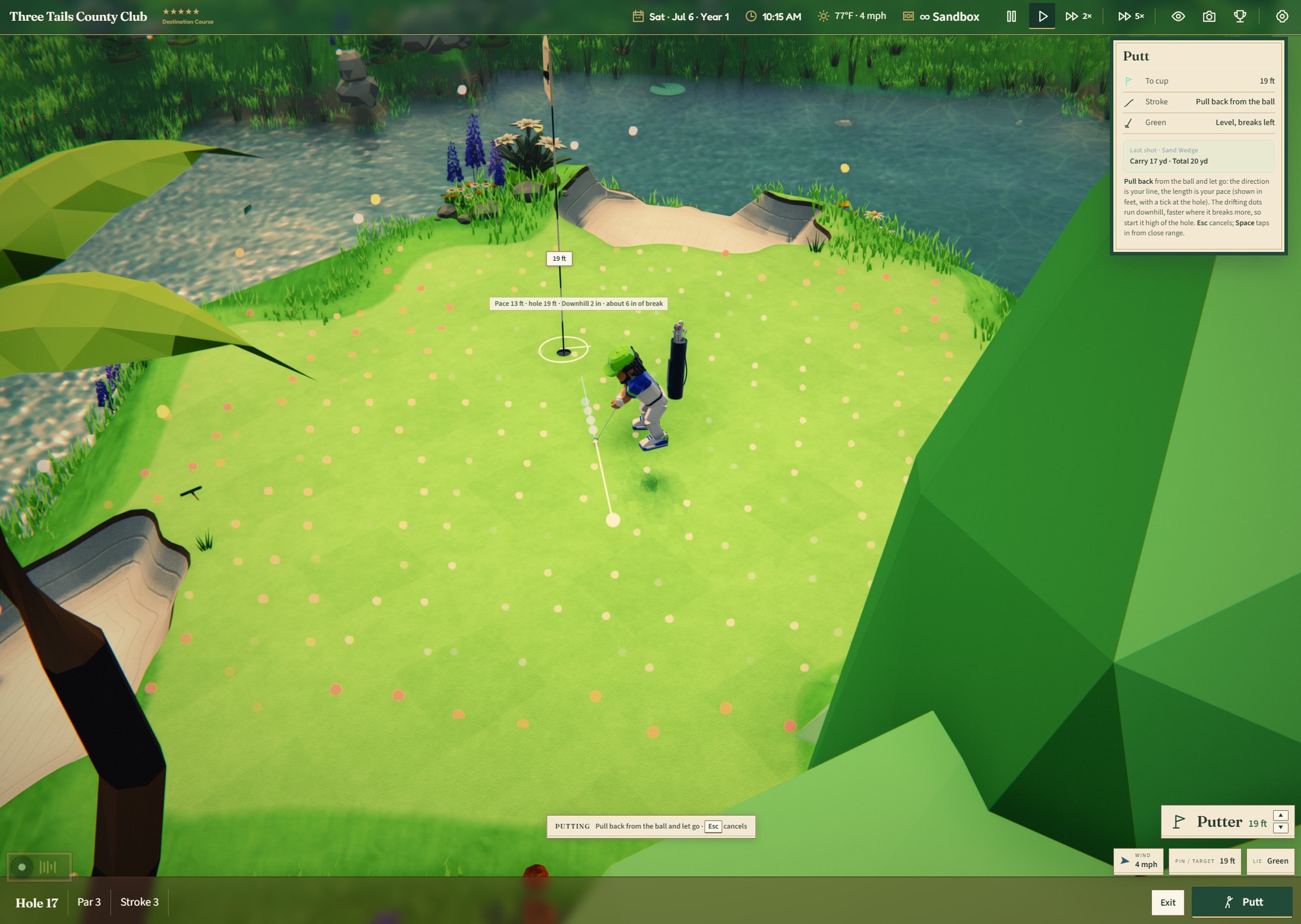 Putting on hole 17: pulling back from the ball, with the pace line and the break dots on the green