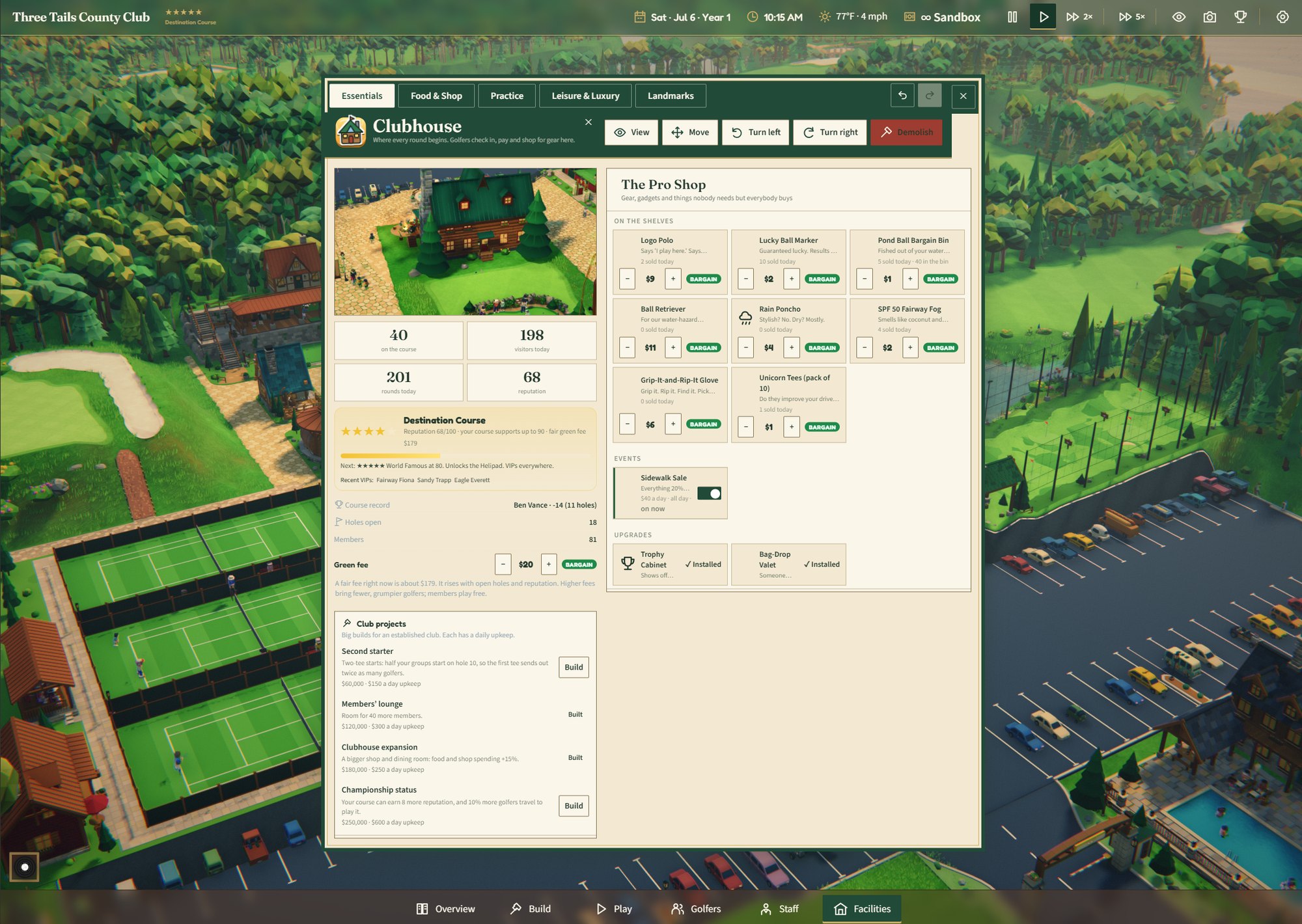 The clubhouse panel with the pro shop shelves, prices and club projects